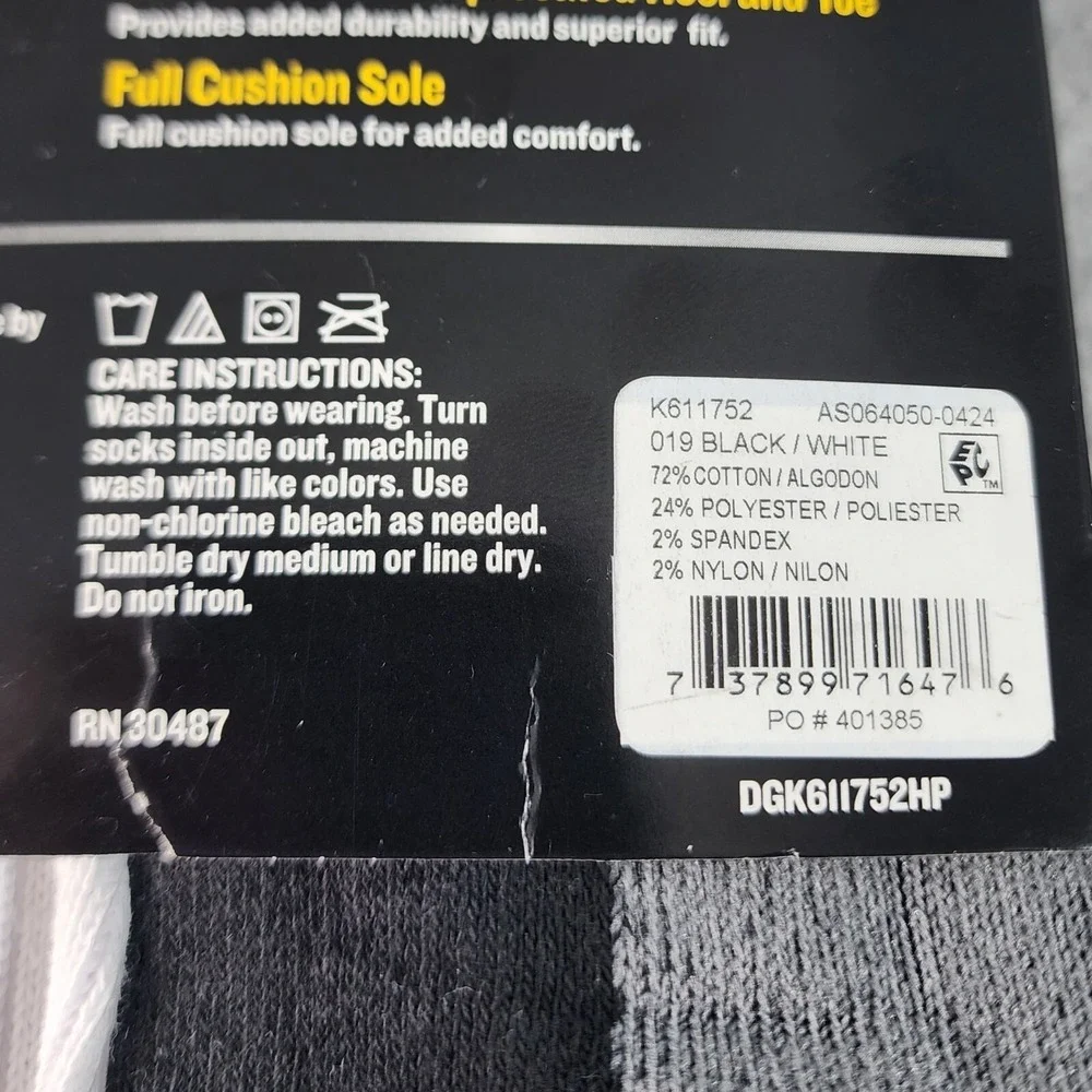 Dickies 6 Pairs Big & Tall Dri-Tech Crew Work Socks Mens 12-15 Black White